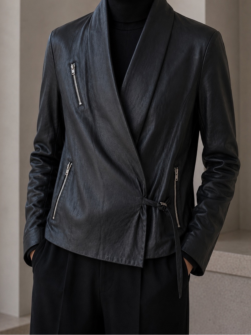 Helmut Lang Black Leather Shawl-Collar Wrap Bomber Jacket